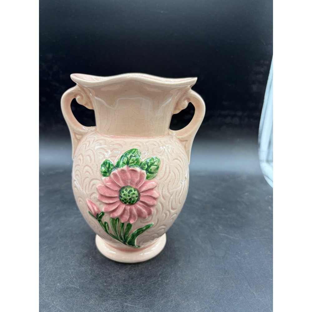 Vintage McCoy Pottery Pink Daisy Floral Double Handled Vase USA 4-6 Mid Century